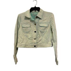 Chicos Platinum Cropped Denim Jacket Women Size 1 Pistachio Green Cotton Blend